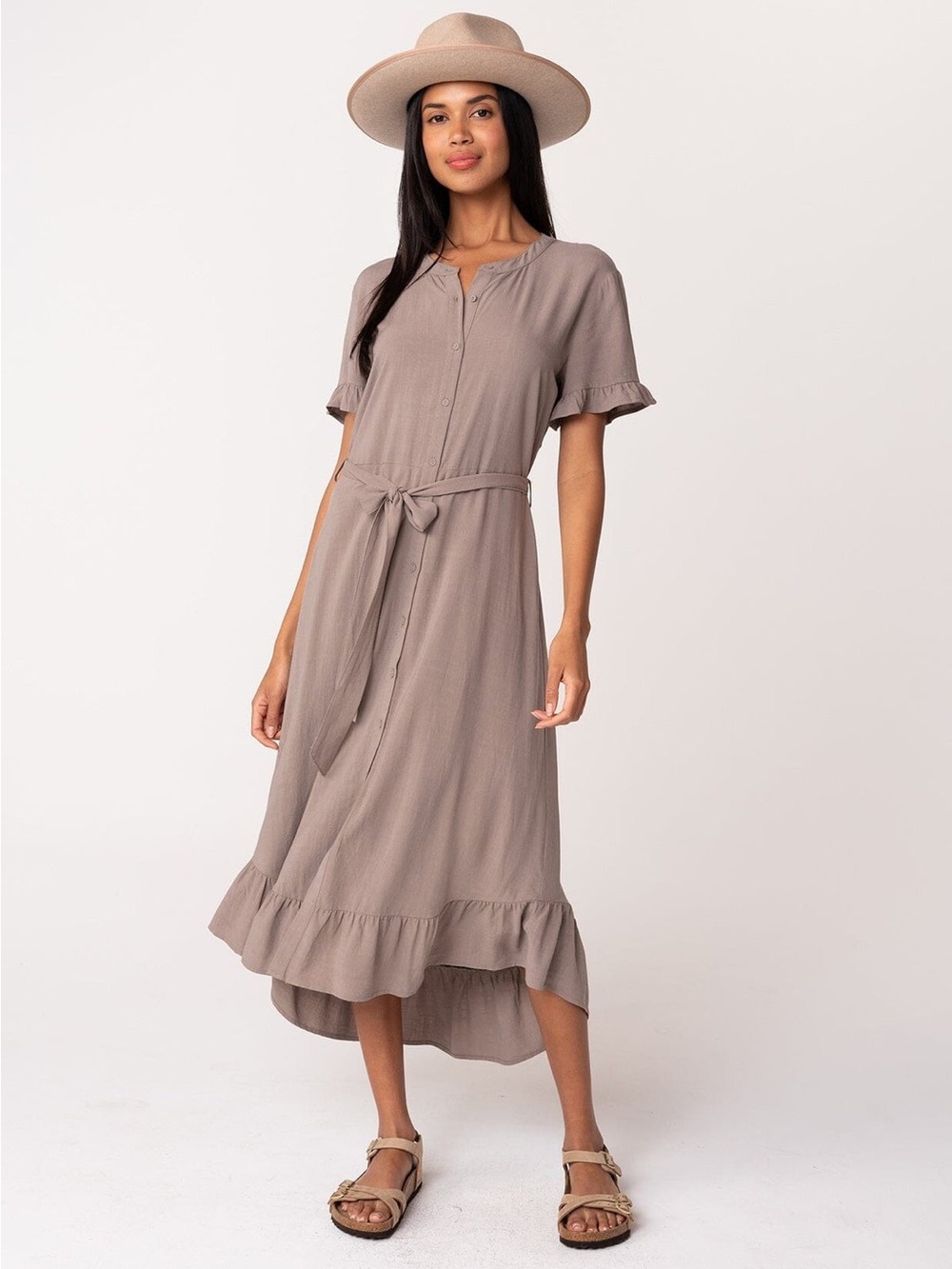 Lovestitch Taupe High-Low Shirt Dress Ruffle Hem Tie Waist Boho Western